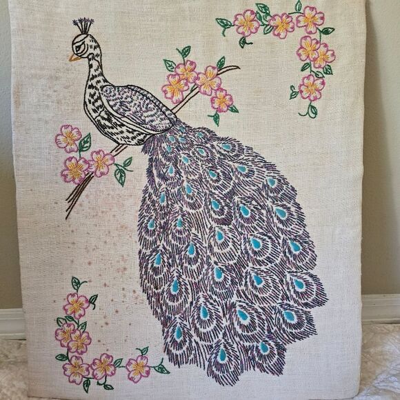 Hand Embroidered Peacock Art Hand Made . Home Decor Vintage - Picture 4 of 9